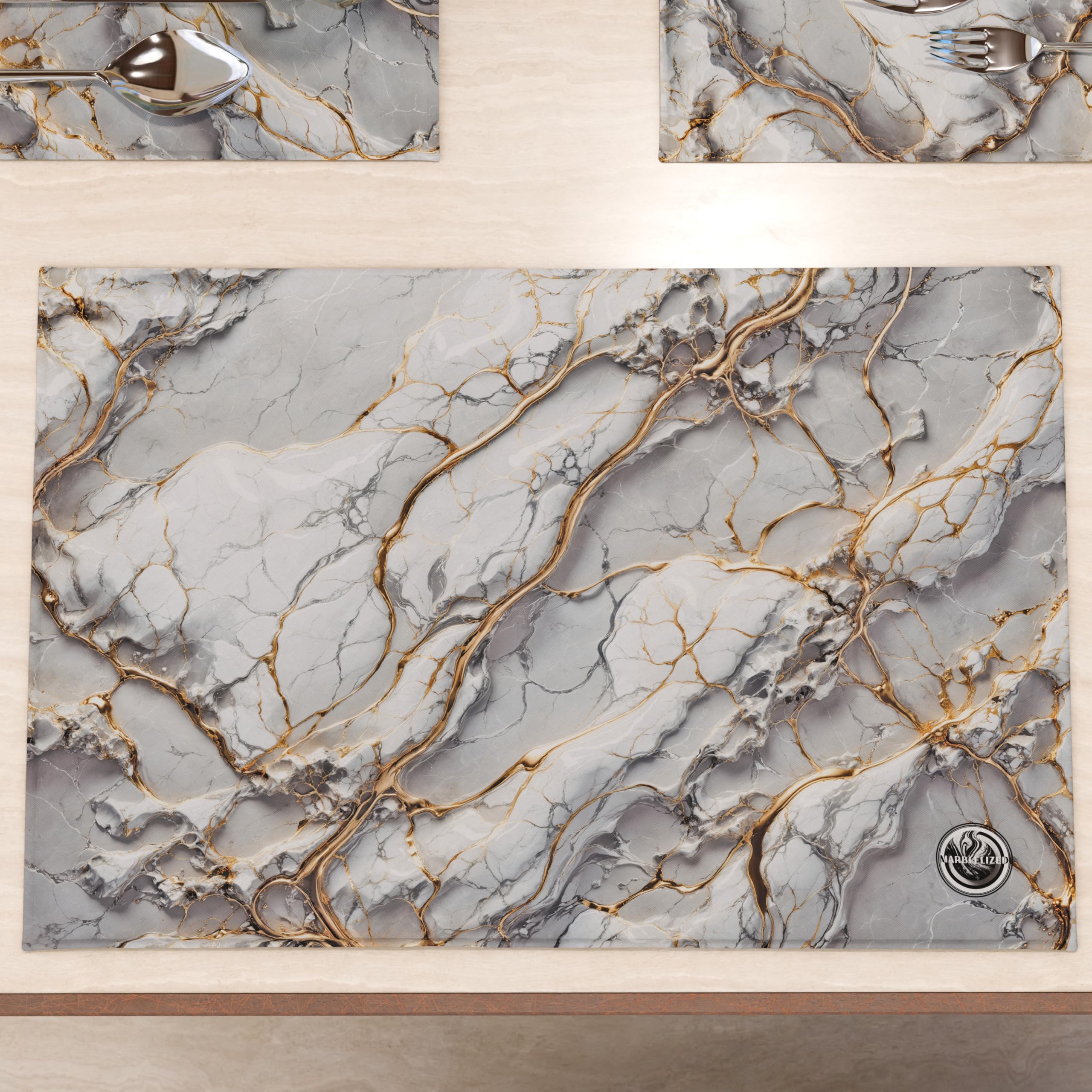 MARBLELIZED - Washable American Placemats, Light Grey Marble Effect Fabric Placemats, Set of 2 (30 x 45 cm) - Elegant, Ideal for Breakfast, Lunch and Dinner, Gift Idea, 100% Made in Italy