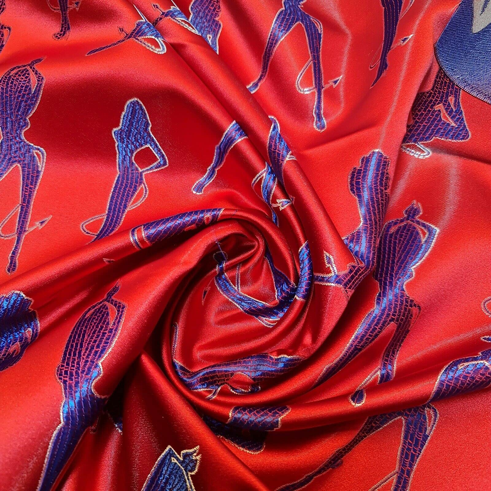 Oriental Devil Dancers Print Traditional Chinese Embroidered Brocade/Poly Silk Satin Premium Quality Dress Craft Fabric Material 44" - 112cm Wide Sold As 1 Meter Pre - Cut Lengths (Red)