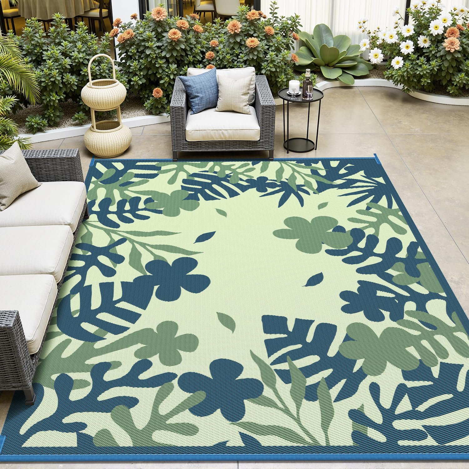 Photo 1 of MontVoo Outdoor Rug Carpet Waterproof-Patio Rug Mat 5x8 Reversible Portable RV Camping Picnic Beach Mat Plastic Straw Rugs Outside Outdoor Area Rugs for Patio Deck Pool Deck Balcony Backyard