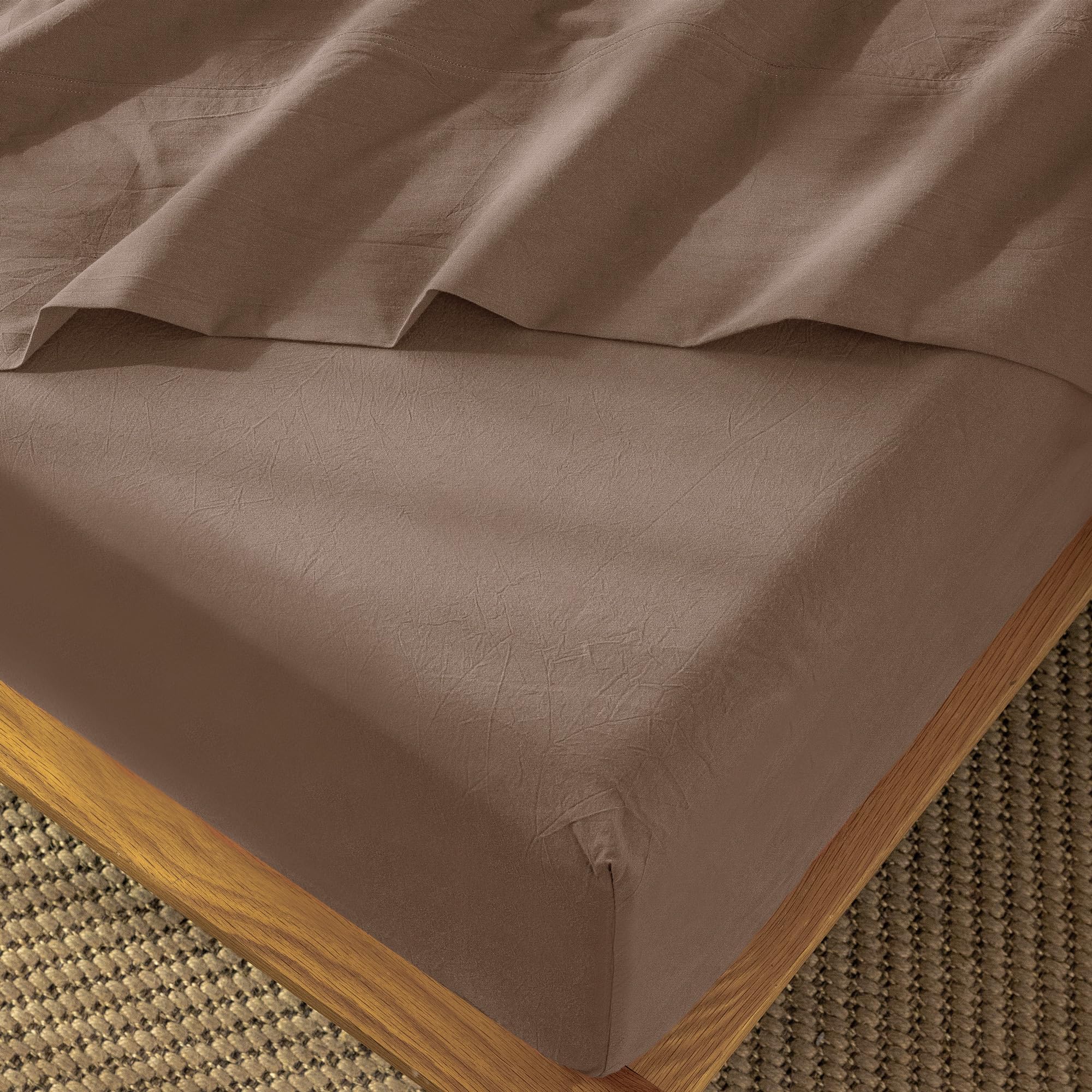 Photo 1 of MooMee Fitted Bottom Sheet Only 100% Washed Cotton Linen Like Textured Breathable Durable Soft Comfy Deep Pocket Fits Mattress up to 17" (Brown, Twin)