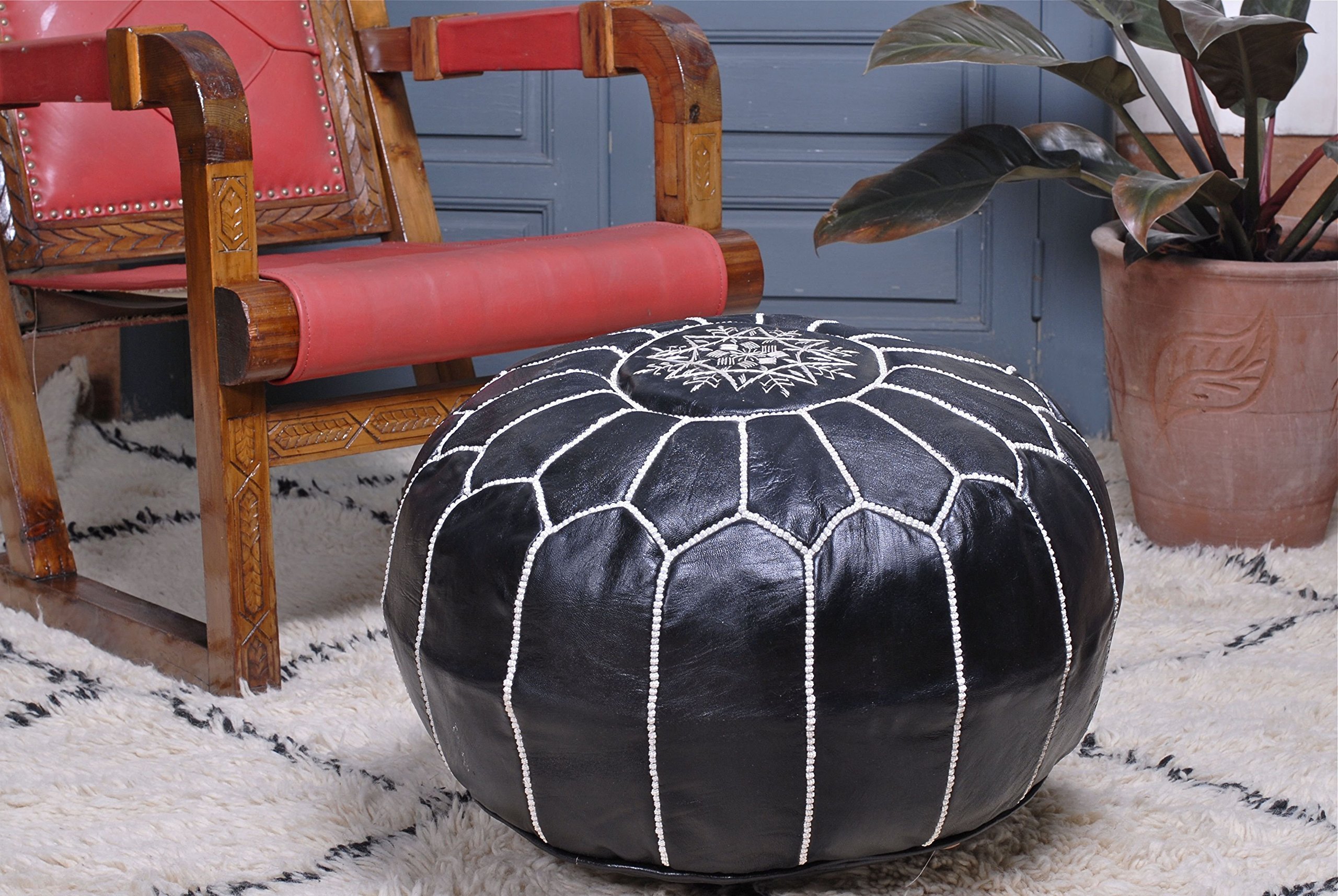 Moroccan Leather Pouf Ottoman Footstool Cover, Black, Handmade with Pure Quality Goat's Leather.