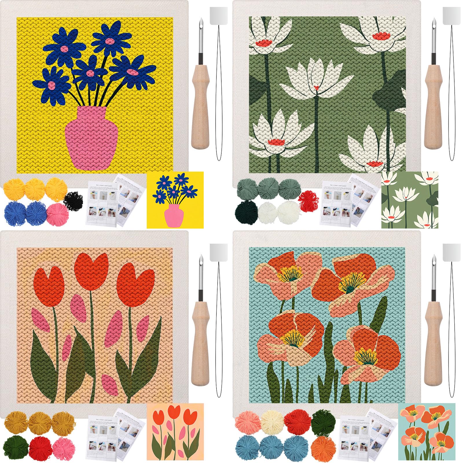 Photo 1 of Daifunli 4 Sets Punch Needle Kit with Frame for Beginners 10 x 10 Inch Embroidery Starter Kits Punch Needle Kit with Pattern, Threader, Yarns, Tools for Adults Craft DIY Christmas Birthday