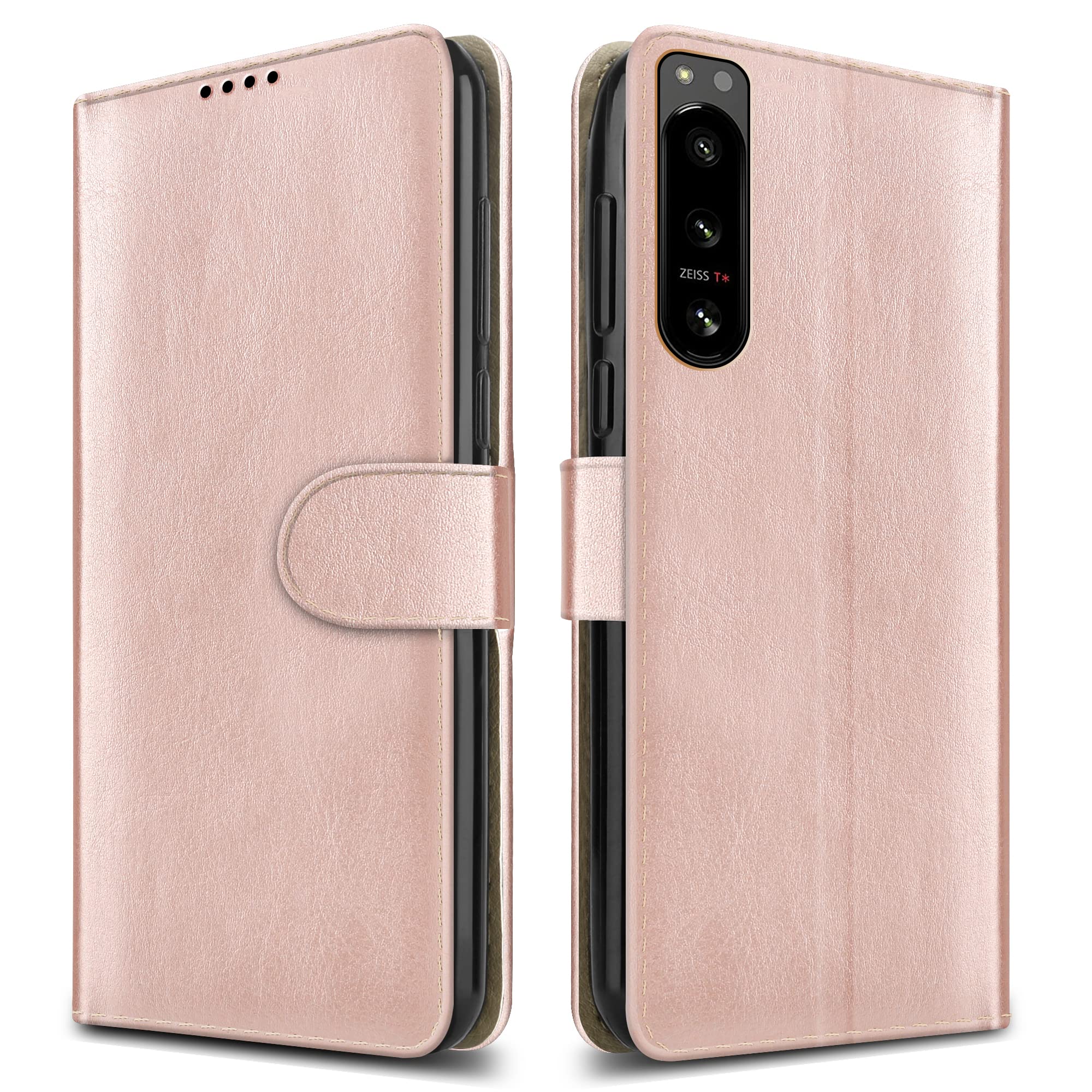 PIXFAB For Sony Xperia 5 IV Leather Phone Case, Magnetic Closure Full Protection Book Folio Design, Wallet Case Cover [Card Slots] and [Kickstand] For Sony Xperia 5 IV - Rose Gold