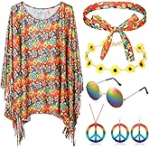 Hicarer 6 Pcs Hippie Costume Accessories Set Includes Headband Poncho Necklace Earrings Sunglasses for Women Girls