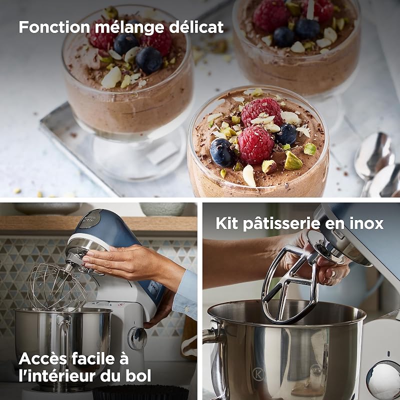 kMix - Robot Pâtissier Multifonction avec Bol en Acier Inoxydable 5 L, Moteur 1000 W, Corps en Métal, Kit Pâtisserie 3 Accessoires et Couvercle anti-Éclaboussures, Bleu (KMX760ABL)