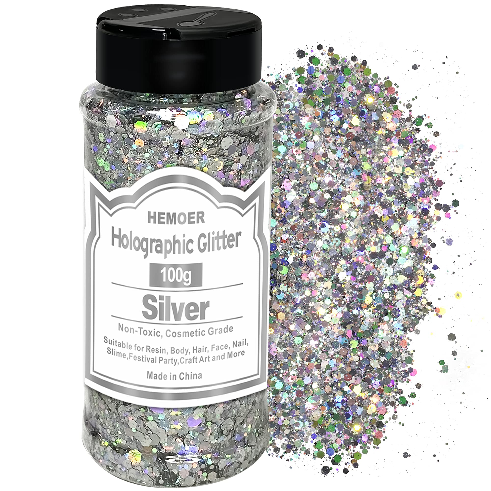HEMOER Holographic Chunky Glitter, 100g Silver Chunky Sequins Glitter, Cosmetic Craft Glitters for Resin, Face, Nail, Body, Crafts, Slime Festival Party Art and More-3.52oz/Bottle