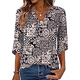 Kistore Womens 3/4 Length Sleeve Tunic Tops Casual V Neck Shirts Business Work Blouses Trendy Flowy Tees