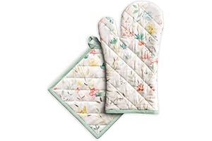 Maison d' Hermine Oven Mitt & Pot Holder 100% Cotton Heat Resistant Oven Gloves (7.5"x13") & Hot Pads (8"x8") Combo, BBQ, Cooking, Chef & Restaurants, Colmar - Spring/Summer