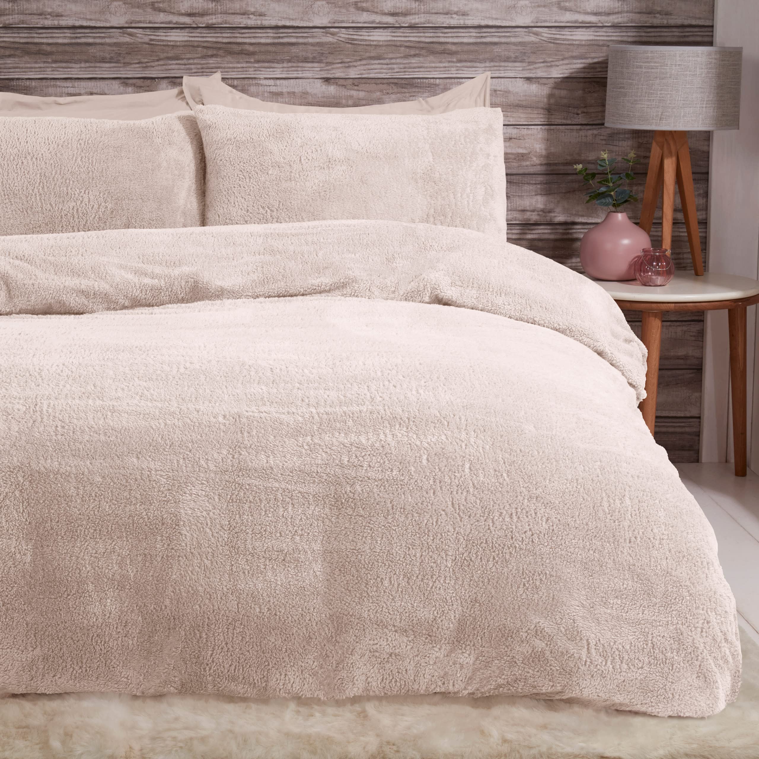 Sleepdown Teddy Fleece Duvet Set with Duvet Cover and Pillowcases, Very Soft and Double, Natural Ivory