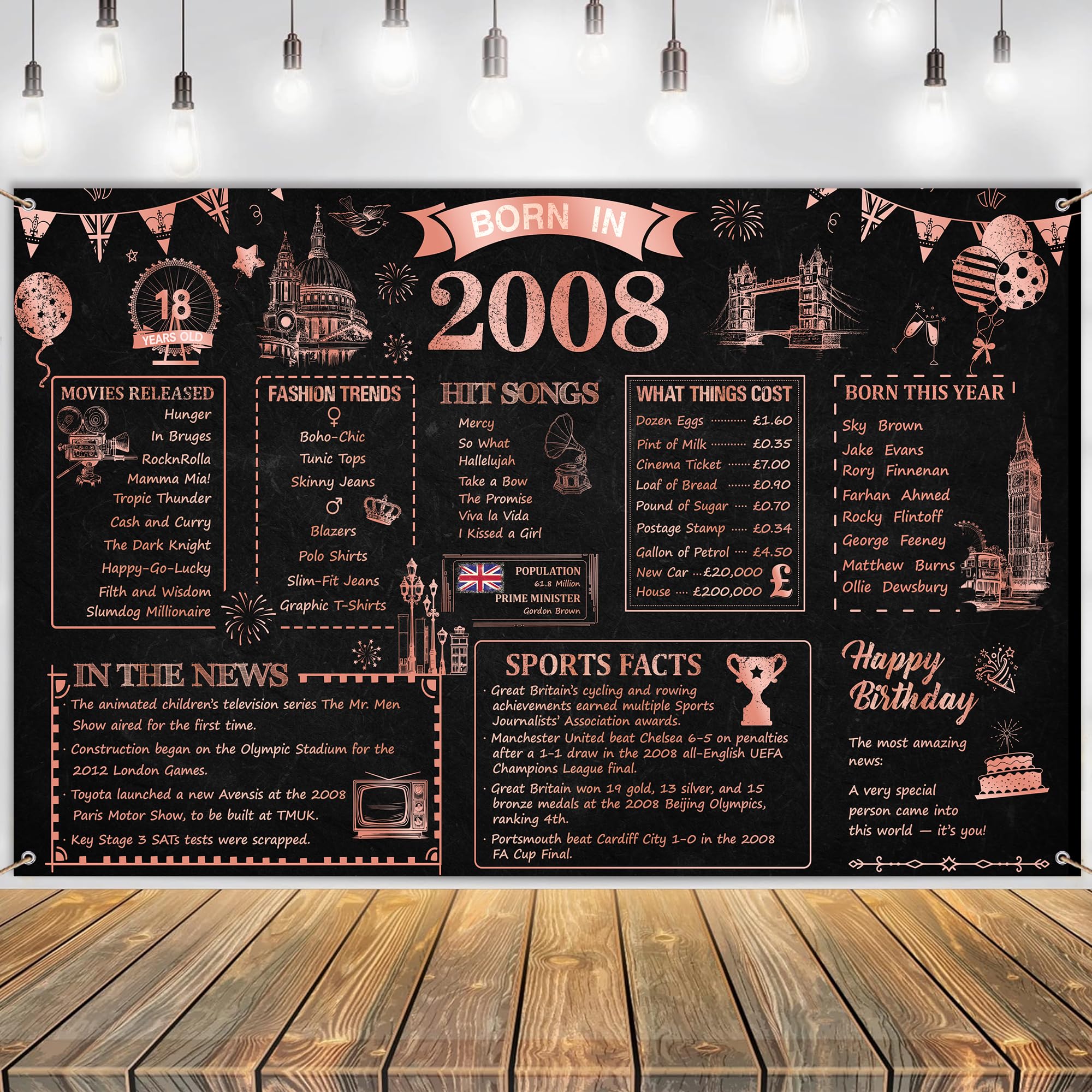 18th Birthday Backdrop Banner Decorations - Black Rose Gold Born in 2008 Uk Background Banner for Boys Girls, Large Photo Backdrop Poster Decor for 18 Years Old Party Supplies (180x110cm)