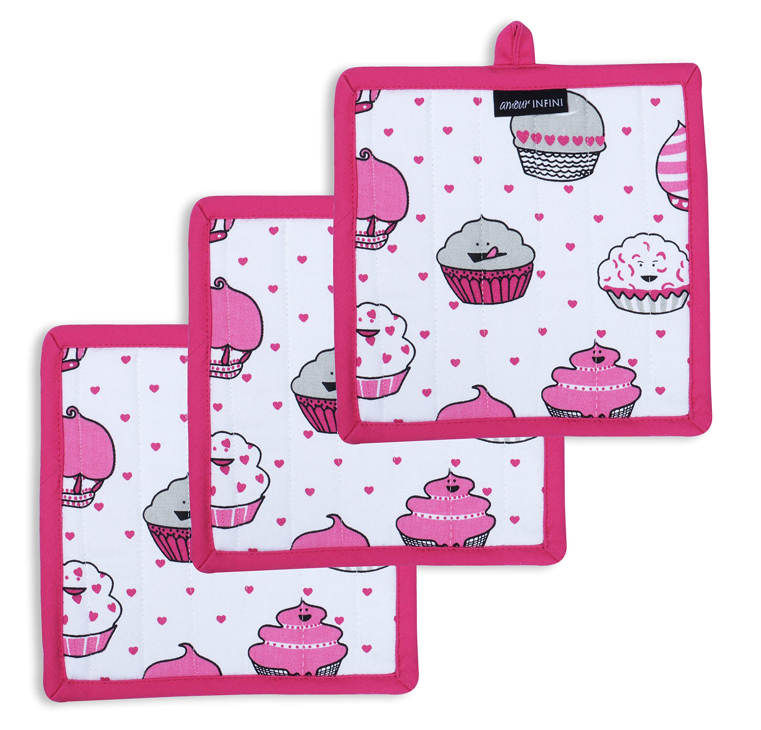AMOUR INFINI Set of 3 Pot Holders Cup Cake | 20 x 20 cm | 100% Cotton Machine Washable & Durable Hot pads with Hanging Loop | Quilted Liner for Heat Resistance