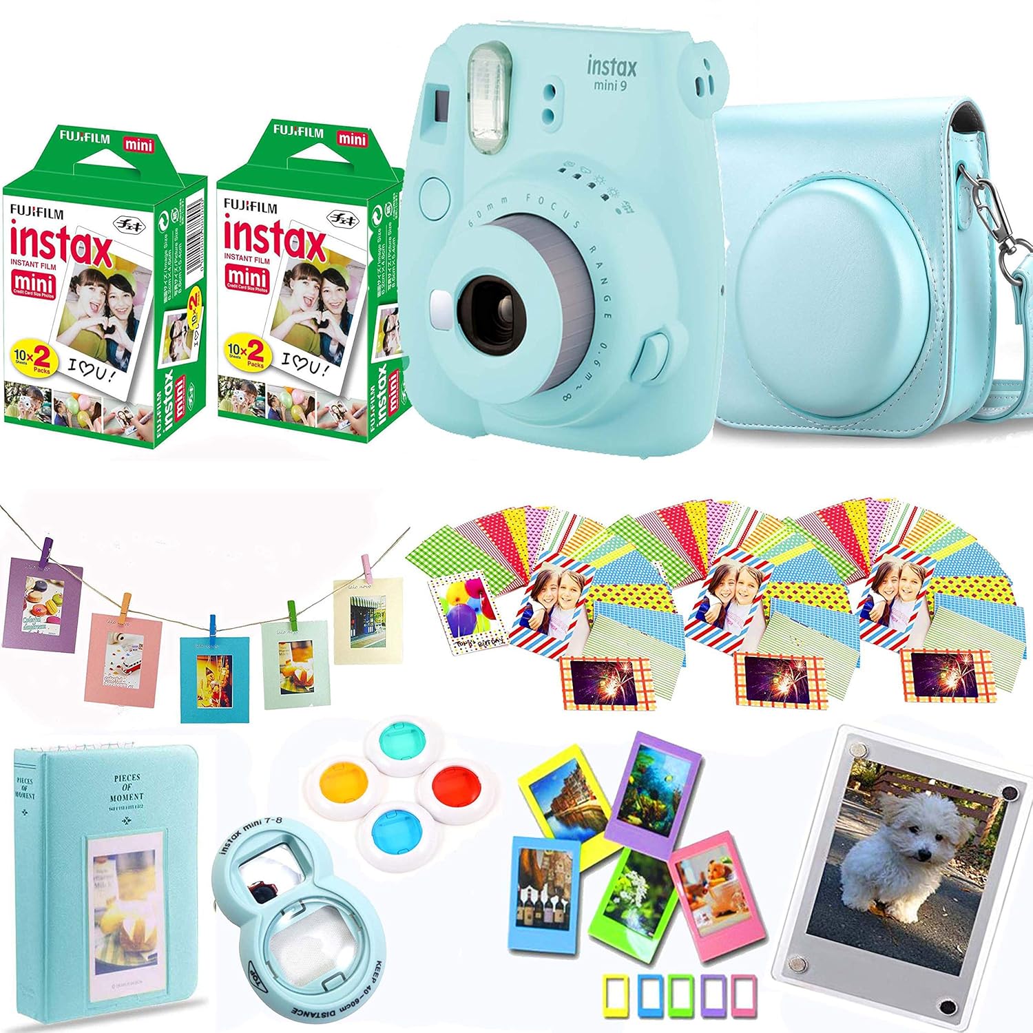 Fujifilm Instax Mini 9 - Ice Blue Instant Camera + Fuji Instax Film 40 Shots + Protective Case + Magnetic Acrylic Frame + Album, Hanging Frames, Desk Frames, Filter Set &amp; Selfie Lens 90 PC Design Kit
