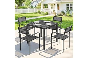 Outsunny 5 Pieces Outdoor Dining Set for 4, Square Faux Wood Metal Patio Table and Stackable Chairs with Plastic Rattan Effec