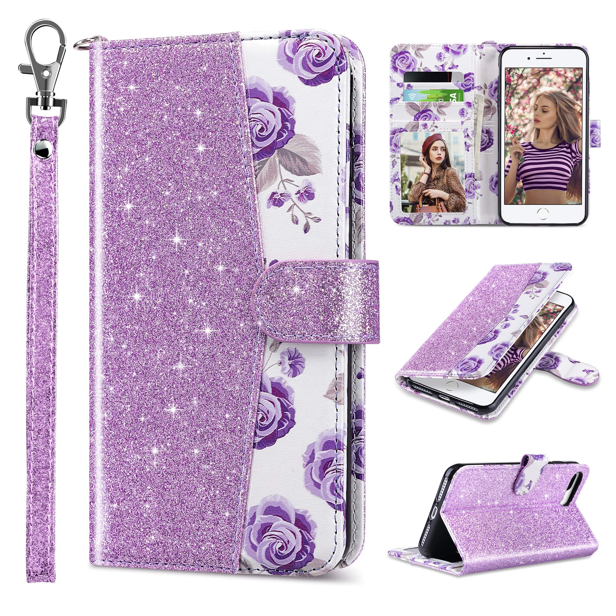 ULAK Compatible with iPhone 7 Plus/8 Plus Wallet Case, Premium PU Leather Flip Cover with Card Holder for Women, Kickstand Feature Protective Purse Case 5.5 Inch, Purple Glitter