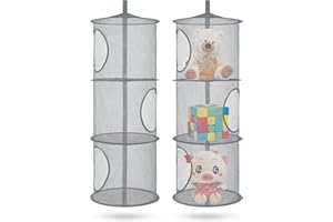 coastal rose 2Pcs Stuffed Animal Storage Foldable Stuffed Animal Net or Hammock Organizer, 3 Compartments Hanging Mesh Toy Storage Hammock for Kid Room Toys, Gloves, Hats, Socks（Grey）