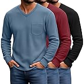 August Alley 3 Pack Men's Waffle Thermal Long Sleeve Shirts V Neck Lightweight Tops Casual Pullover Undershirts with Pocket