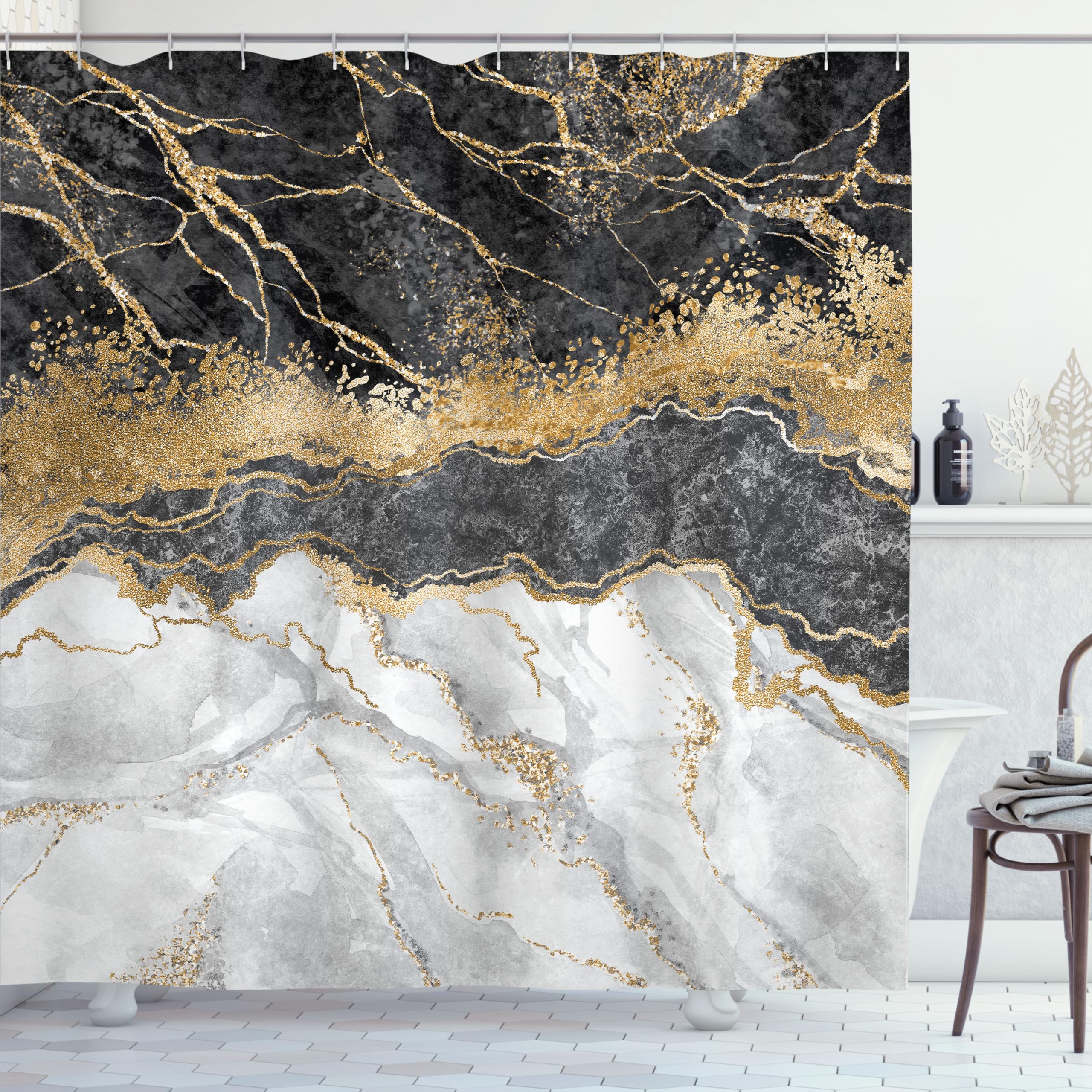 ABAKUHAUS Marble Print Shower Curtain, Stone Inspired Ornaments Watercolor Style Abstract Modern Themed Artwork, Cloth Fabric Bathroom Decor Set with Hooks, 175 x 180 cm, Dark Grey Pearl