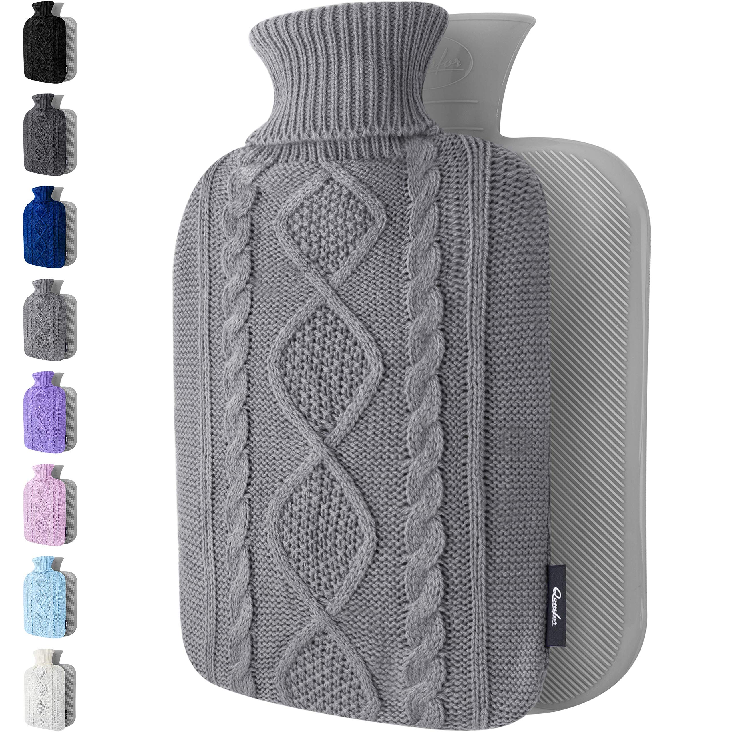 Hot Water Bottle - with Soft Premium Knitted Cover - Grey, 2L - Heating Pad for Menstrual Cramps and Period Comfort - Bed Foot Warmer - Hot & Cold Compress for Back, Stomach, Neck Pain Relief