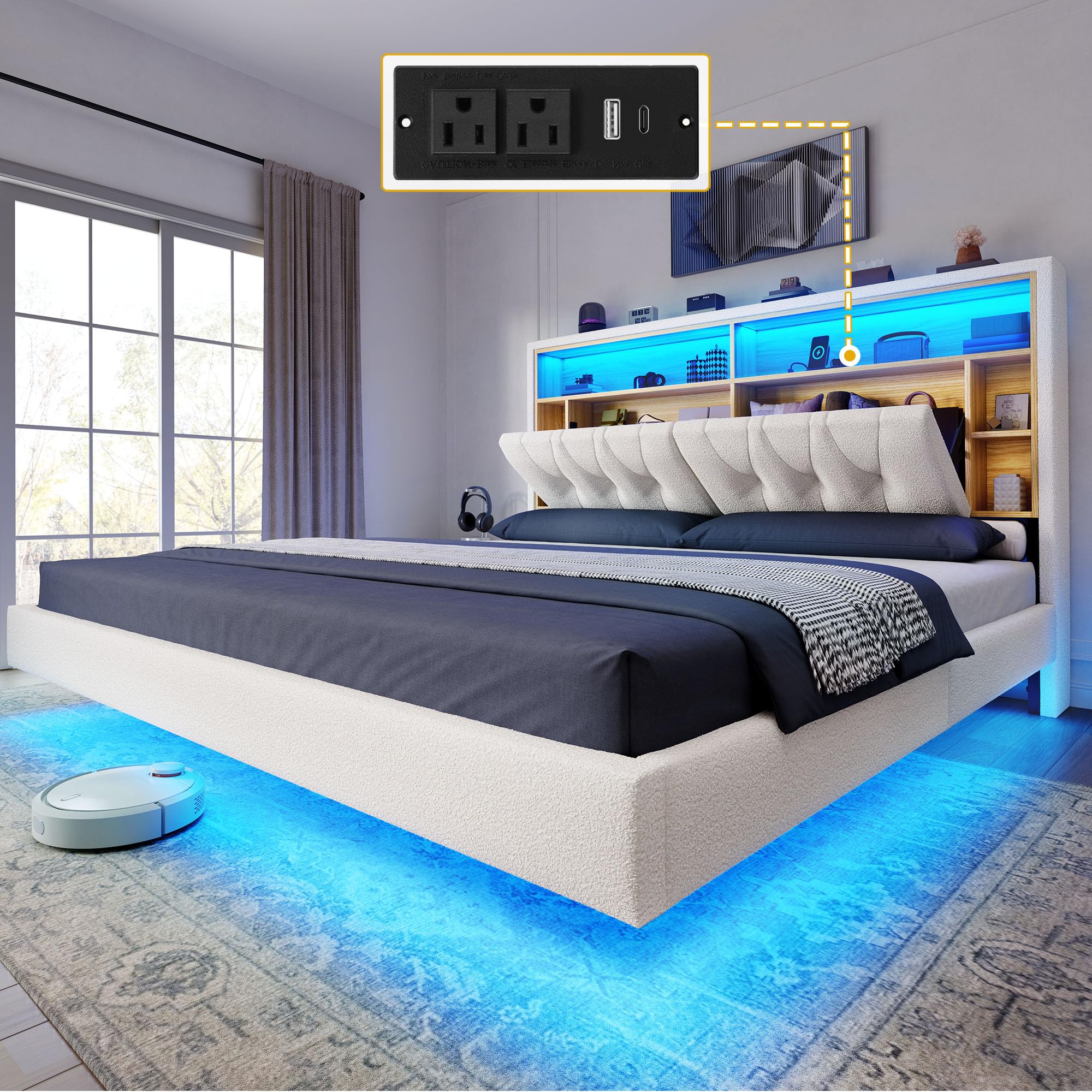 Photo 1 of YITAHOME Queen Size Floating Bed Frame with RGB LED Lights, Bookcase Storage Headboard Beds with Charging Station, Upholstered Platform with Heavy Duty Wood Slat, No Box Spring Needed, Beige