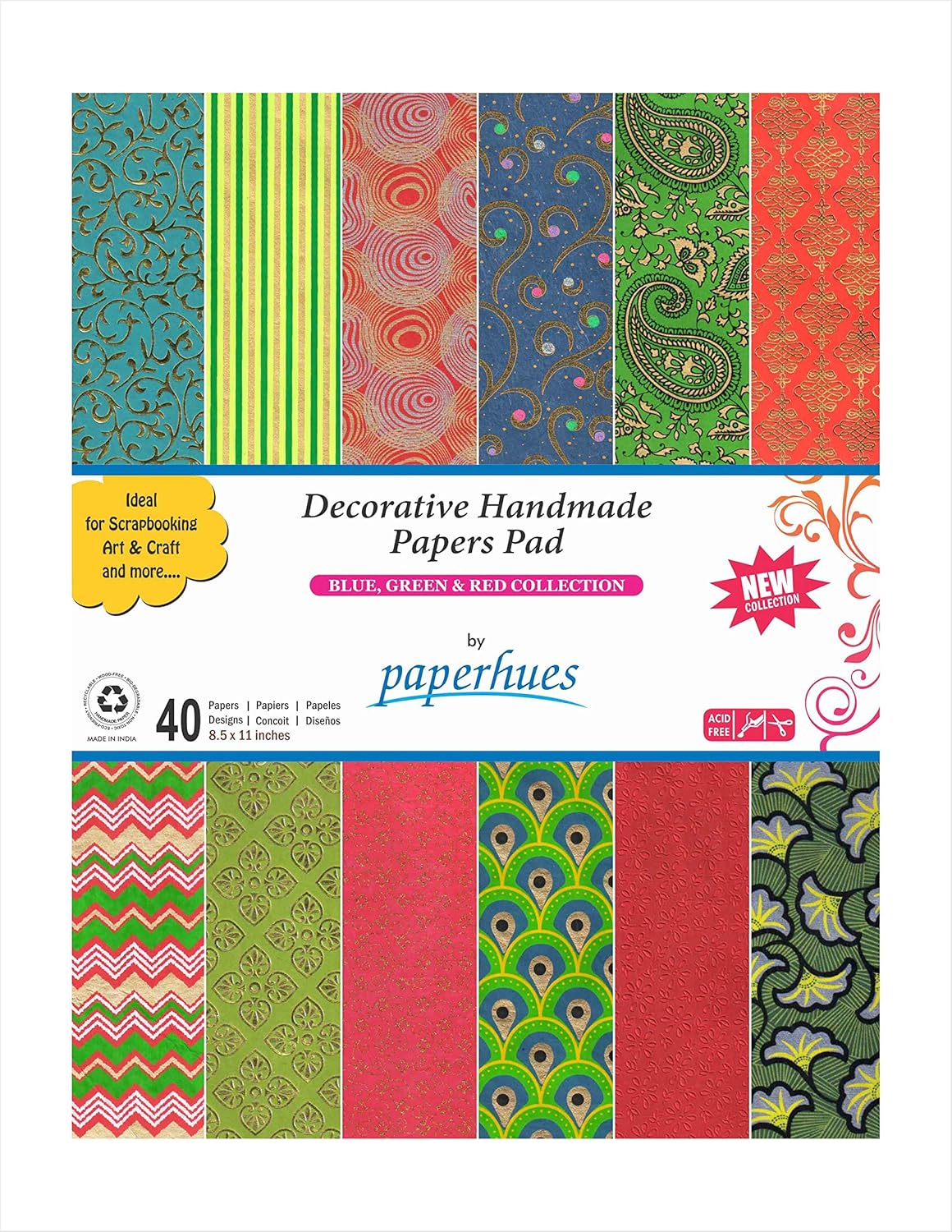 Paperhues Blue-Green-Red Celebration Collection Handmade Scrapbook Papers 8.5x11