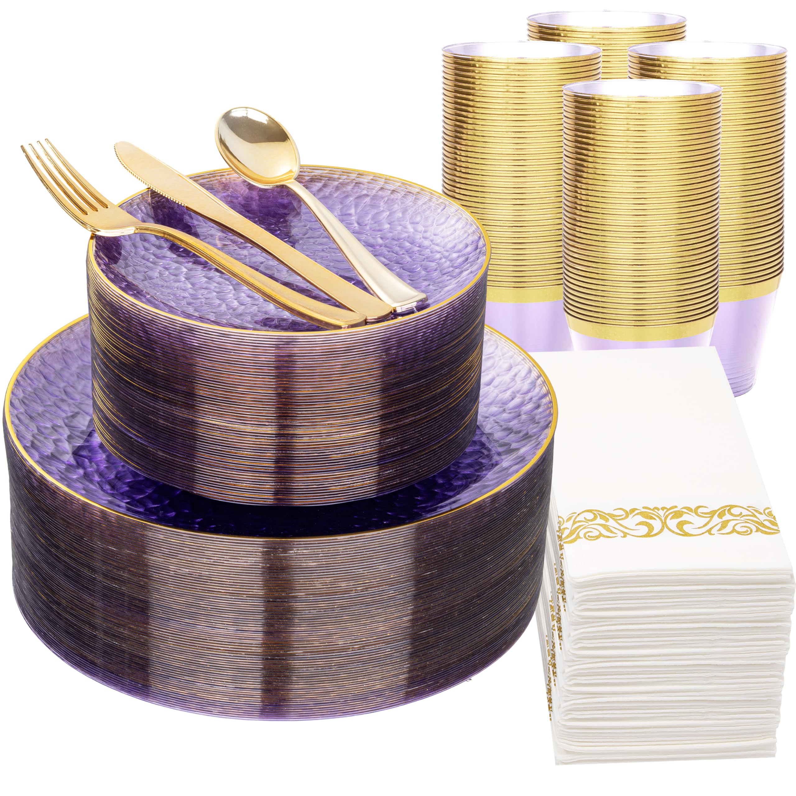 Photo 1 of DaYammi 350 Pcs Clear Purple Gold Plastic Plates, Hammered Disposable Dinnerware, Clear Purple Plates Set Include 100 Plastic Platos, 150 Gold Disposable Silverware, 50 Cups And 50 Napkins for Party