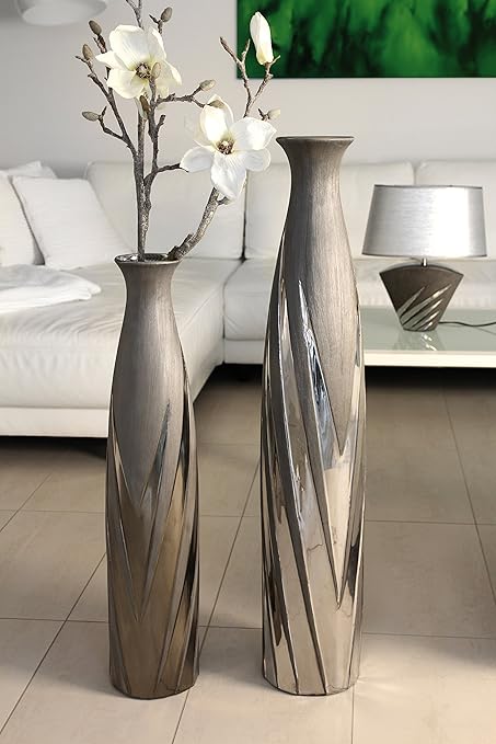 Gilde Keramik Floor Vase Yucca Height 100 Cm Matte Grey Silver