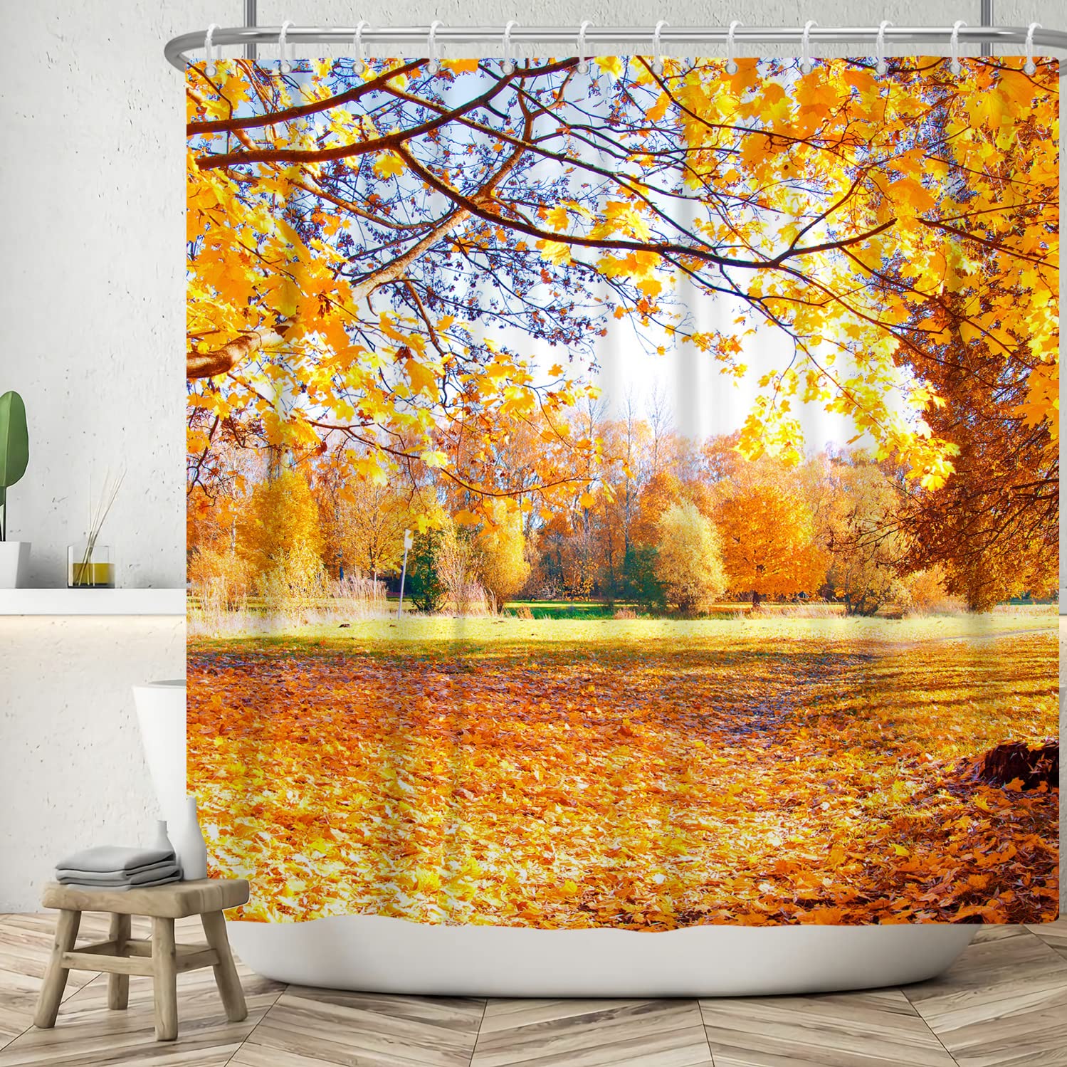 Bovlleetd Autumn Shower Curtain Forest Yellow Shower Curtains Natural Scenery Bathtub Decorative Curtain with Hooks Fall Thanksgiving Theme Bath Decor 71x71inch — image 1