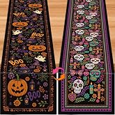 Halloween Day of the Dead Linen Table Runner Double Sided Skull Boo Decor | 11.8 X 71 Inch Halloween Table Runner, With Sugar Skull And Pumpkin Patterns, For Day Of The Dead Halloween Party Decor