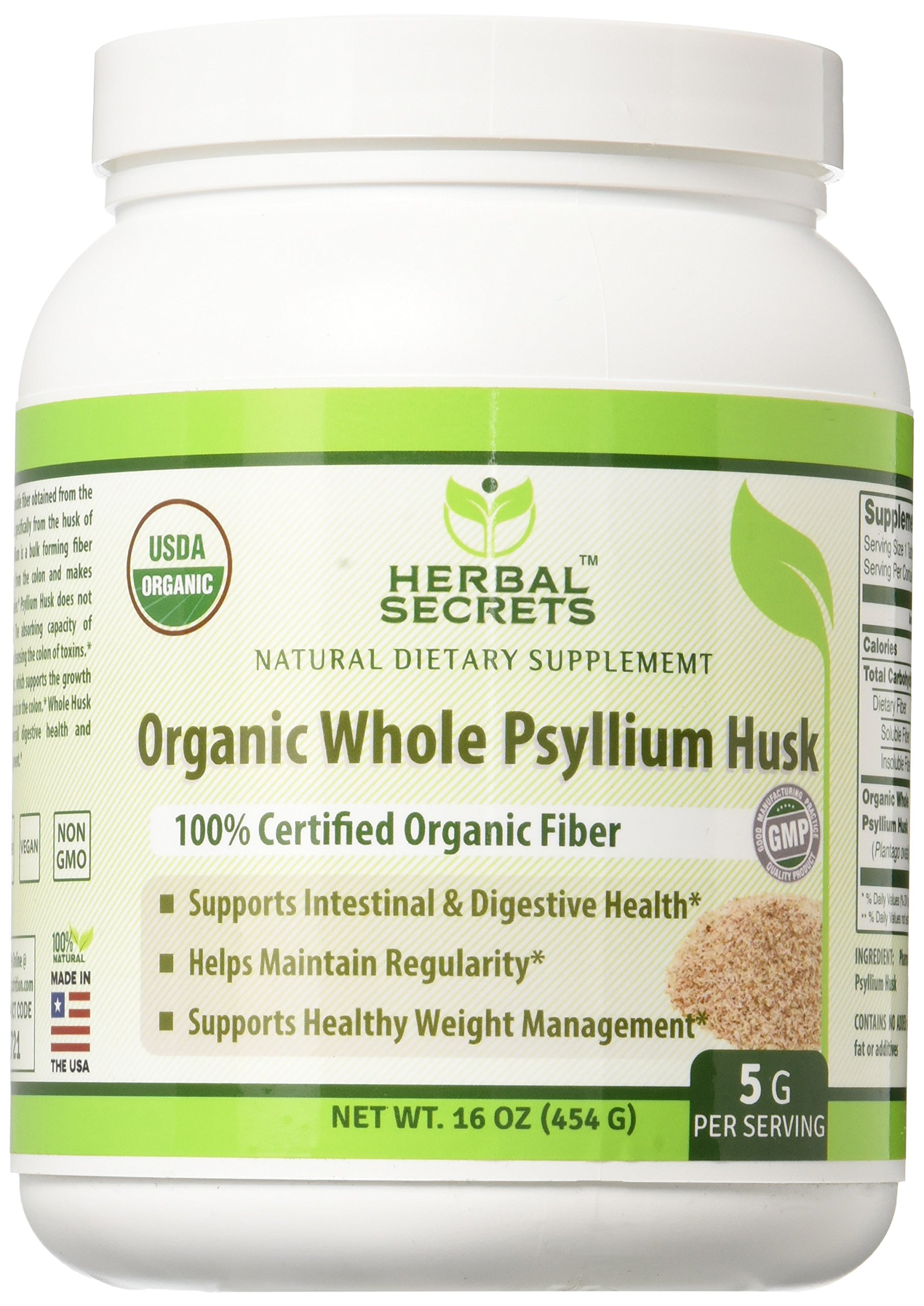 Herbal Secrets USDA Certified Organic Psyllium Husk 16 Oz (NonGMO