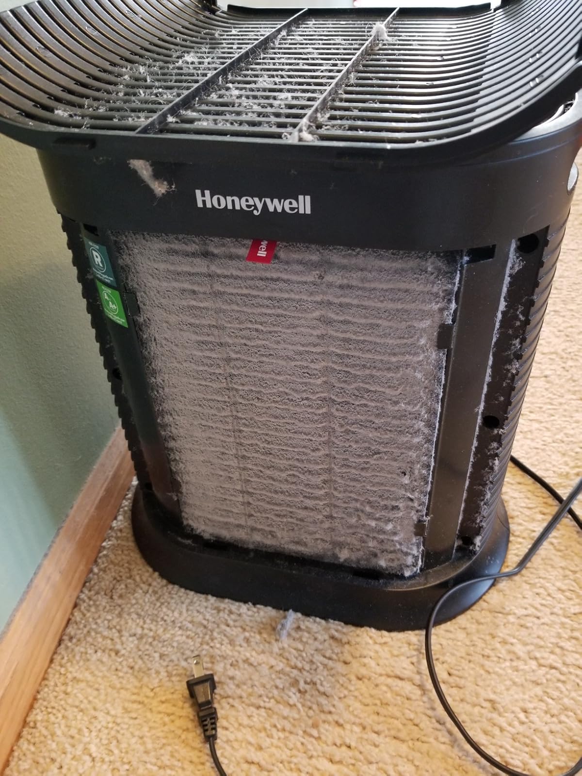 Honeywell HPA200 air purifier filter showing dust accumulation after months of use in college dorm room