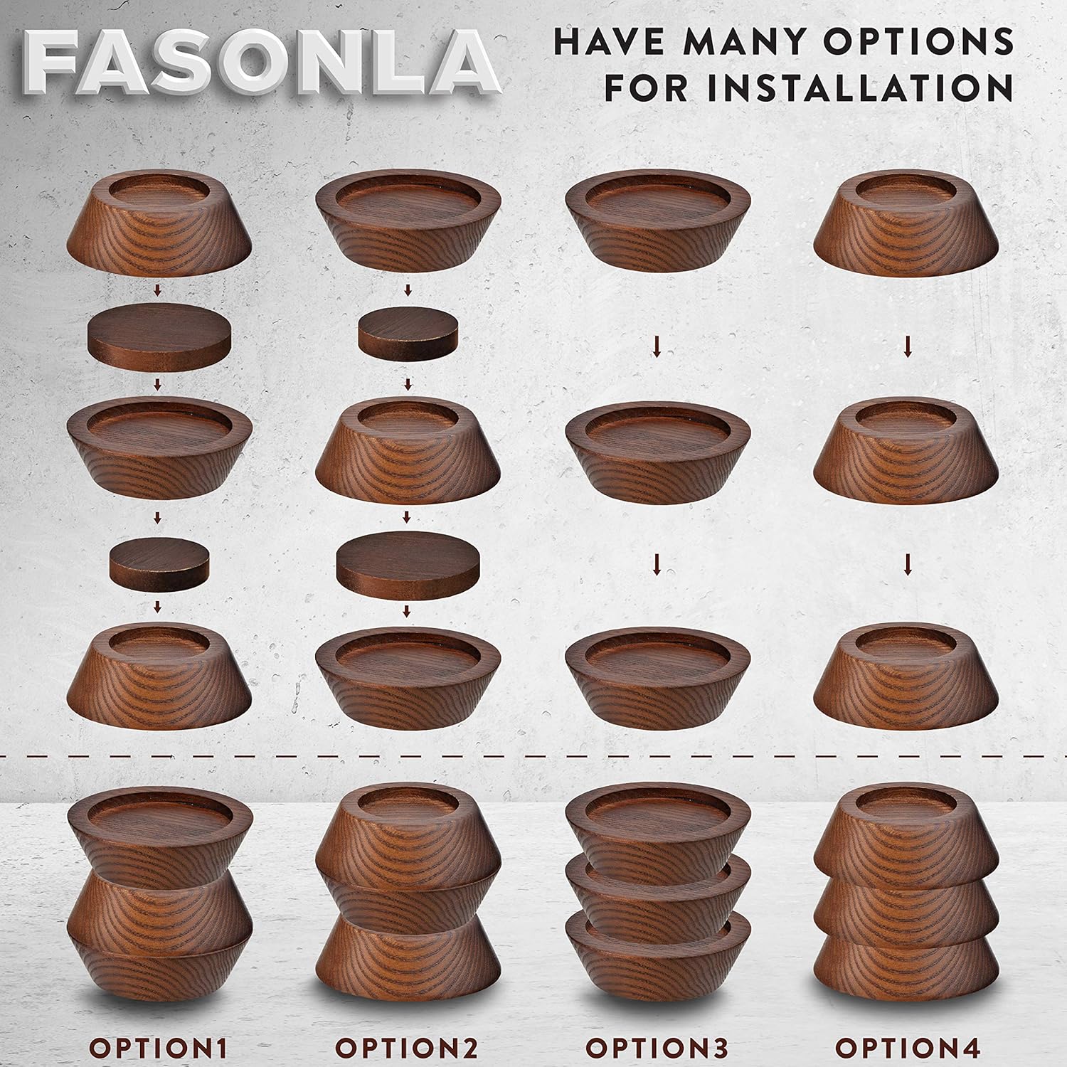 FASONLA Bed Risers (Set of 8) Furniture Risers Lifts Height 1", 2", 3" or 4", Solid Natural Wood Risers for Bed, Furniture, Table, Sofa, Chair Risers with Non-Slip Recessed Hole (Walnut Color, 1 Inch): Home & Kitchen