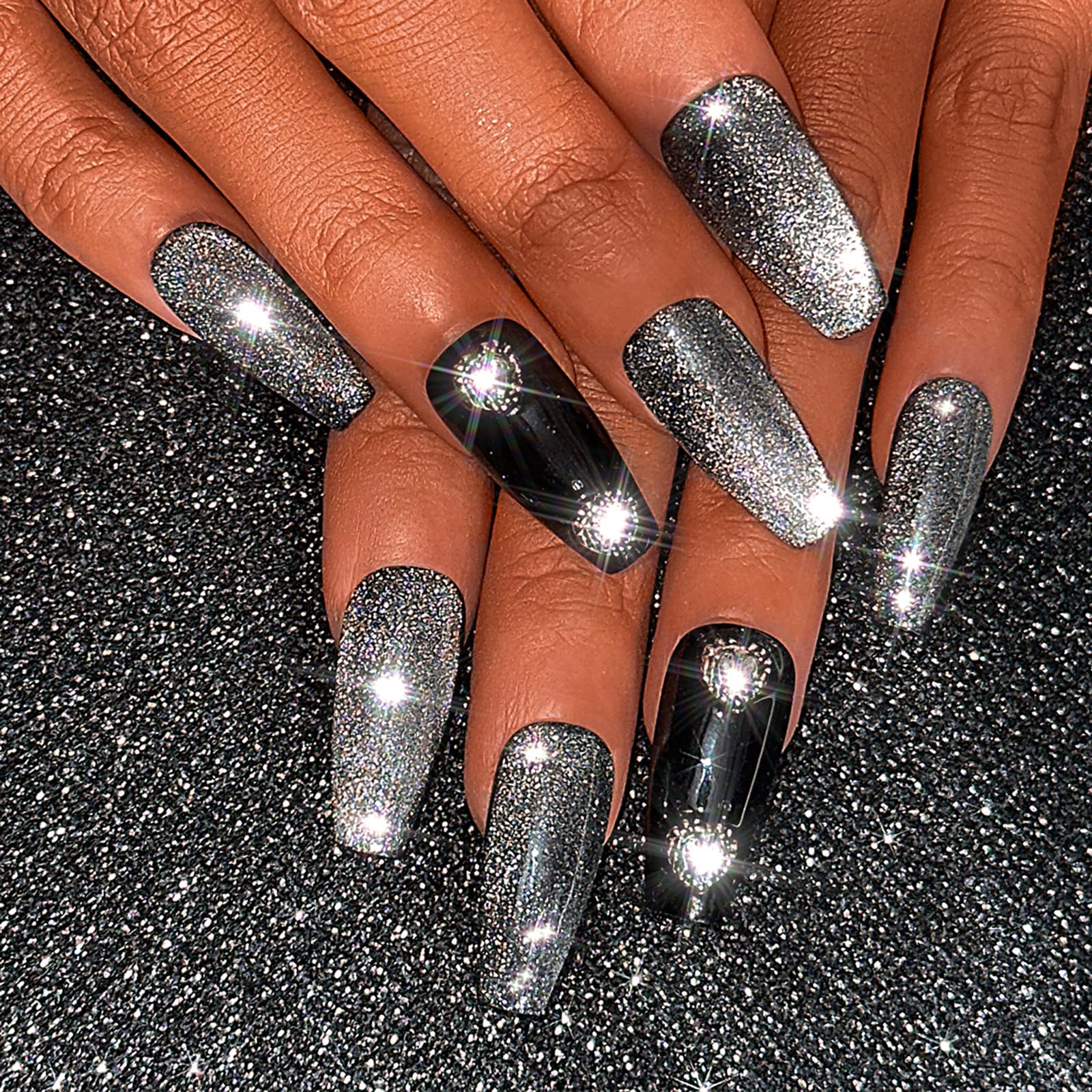 Sethexy Long Coffin Black False Nails Handmade Rhinestone Cat Eye Acrylic Fake Nails 3D Crystal Glossy Press On Nails Salon Quality Nail Removable for Women and Girls(P)