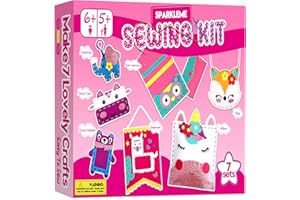 SPARKLEME Sewing Craft Kit for Girls: DIY Felt Sewing Kit for Kids Ages 5-10, 7 Fun Projects with Stuffed Animals & Pillows, Learn to Sew Kit for Beginners, Ideal for Christmas & Birthday, Arts & Crafts Ideas