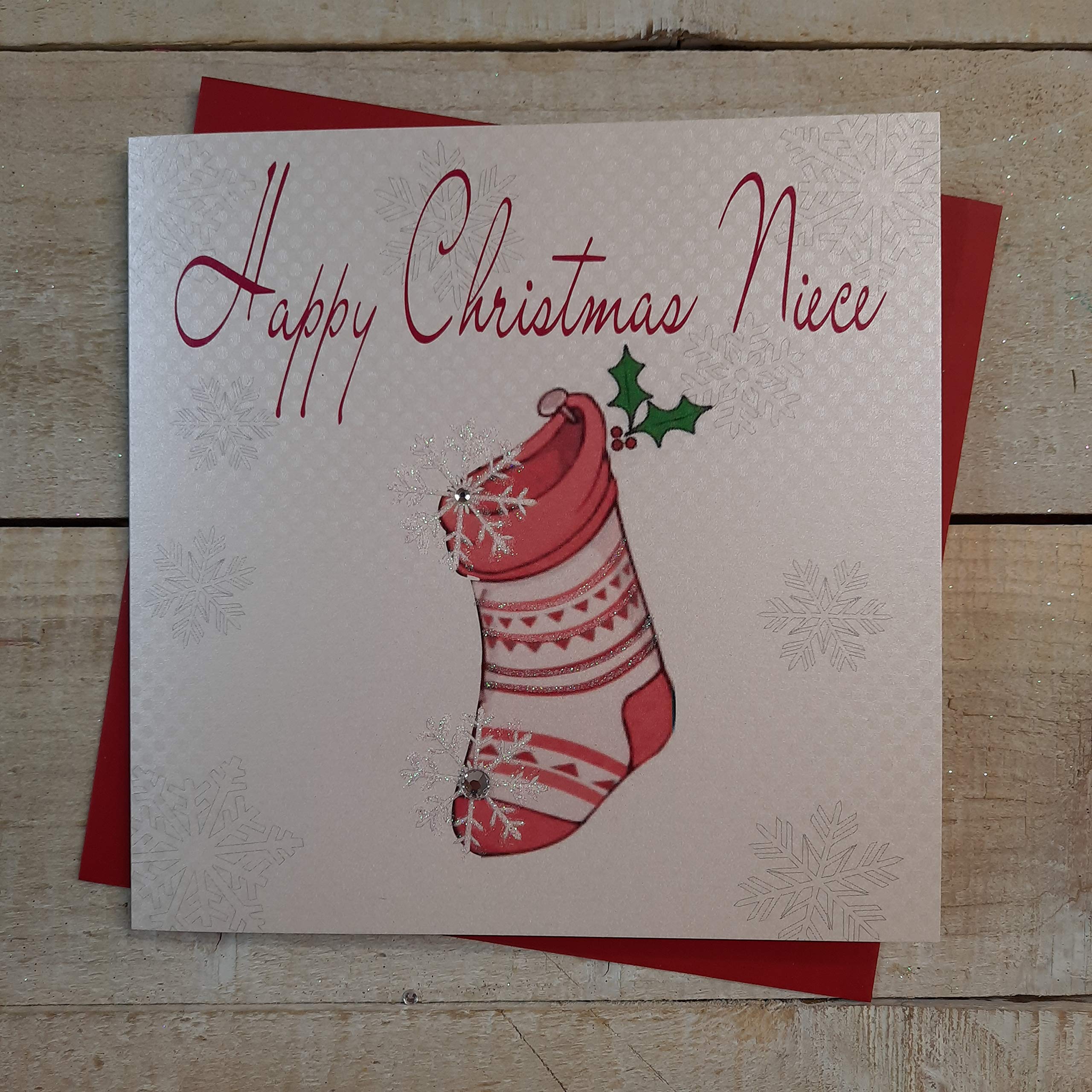 White Cotton Cards Happy Niece Handmade Christmas Card (Pink Stocking)