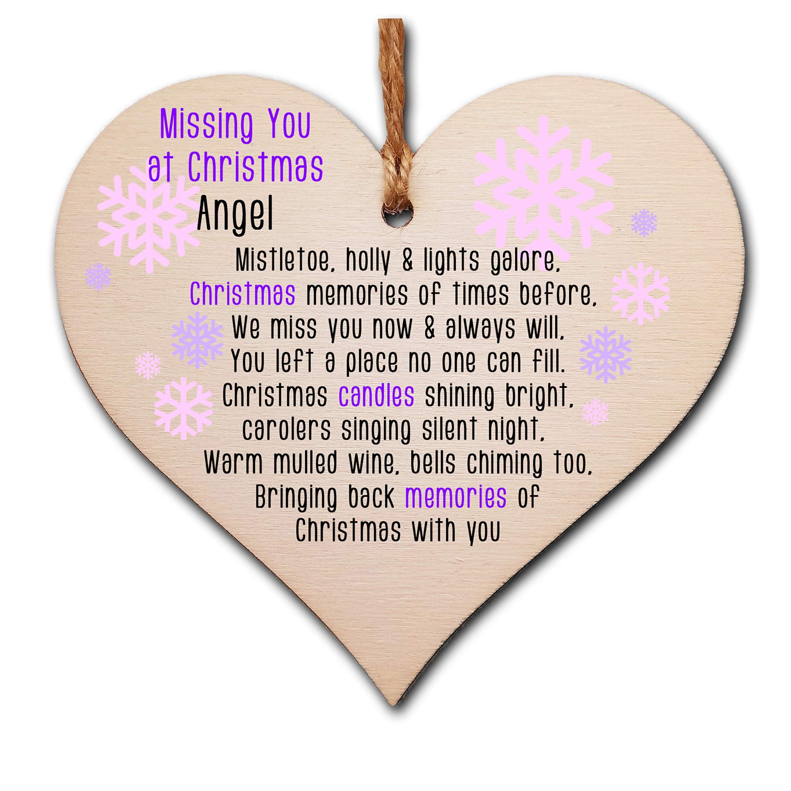 The Plum Penguin Handmade Wooden Christmas Hanging Heart Plaque Gift Missing you at Xmas sentimental rememberance present tree decoration pink snowflakes lost loved ones