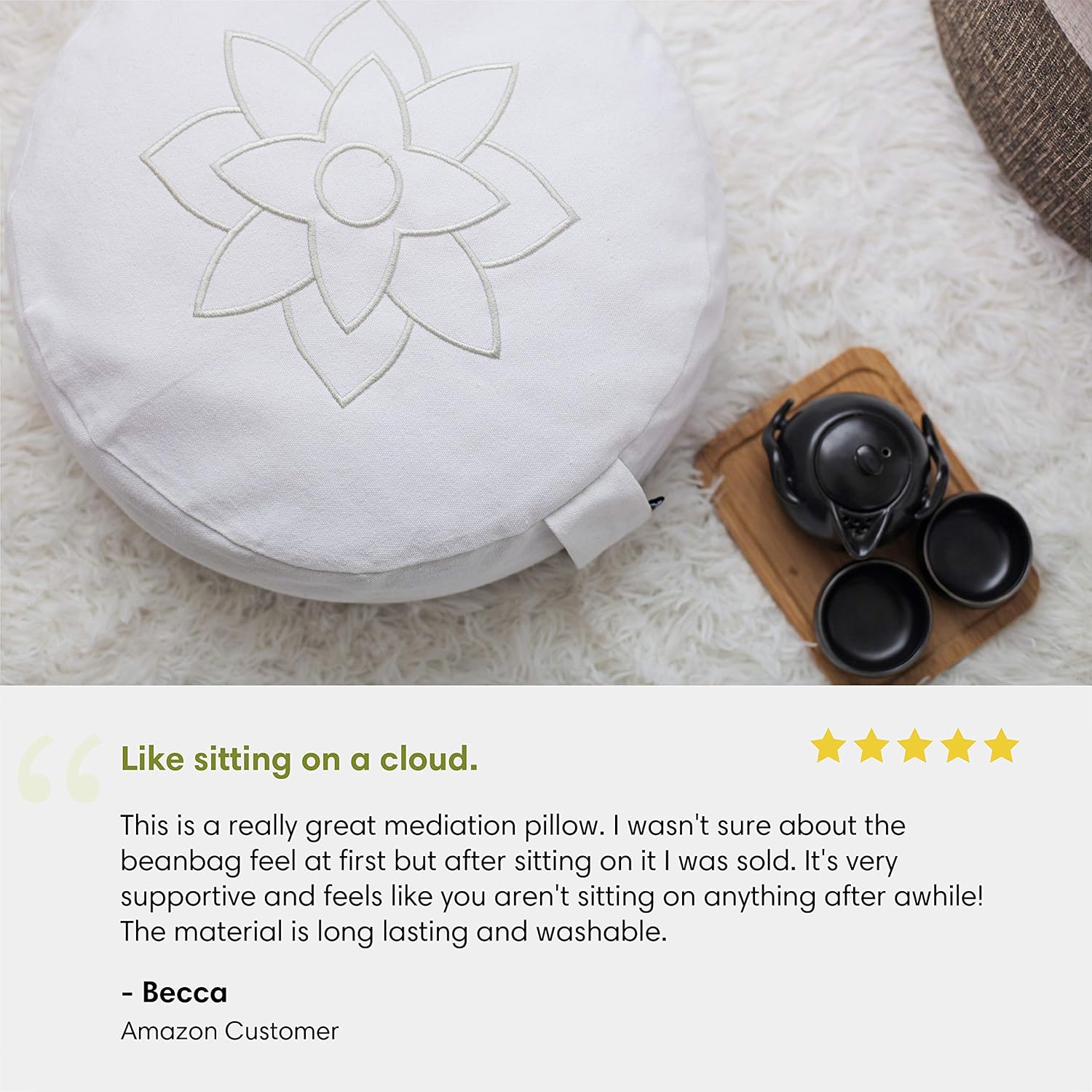 Mindful and Modern Large White Zafu Meditation Cushion - Yoga Floor Pillow for Best Posture - Buckwheat Hull Filled Round Cushion with Removable Cover and Carry Handle : Sports & Outdoors