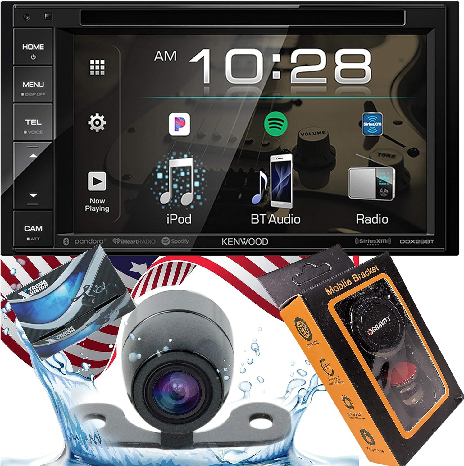Kenwood DDX26BT Double DIN SiriusXM Ready Bluetooth in-Dash DVD/CD/AM/FM Car Stereo Receiver w/ 6.2" Touchscreen + XV20C Backup Camera + Gravity Magnet Phone Holder