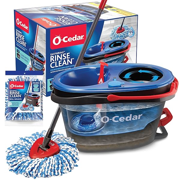 O-CEDAR RINSECLEAN SPIN MOP & BUCKET SYSTEM + 1 EXTRA MOP HEAD | CLEAN WITH CLEAN WATER | REMOVES 99% OF BACTERIA
