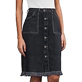 Vetinee Jean Skirts for Women Button Down Distressed Raw Hem Casual Summer Stretchy Knee Length Denim Skirt with Pockets