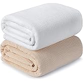 Muslin Swaddle Blankets for Newborn, 2 Pack Breathable Soft Receiving Blanket, Large 41 x 41 inches Swaddle Wrap Burping Clothes, Essentials Infant Shower Items. (Beige & White)