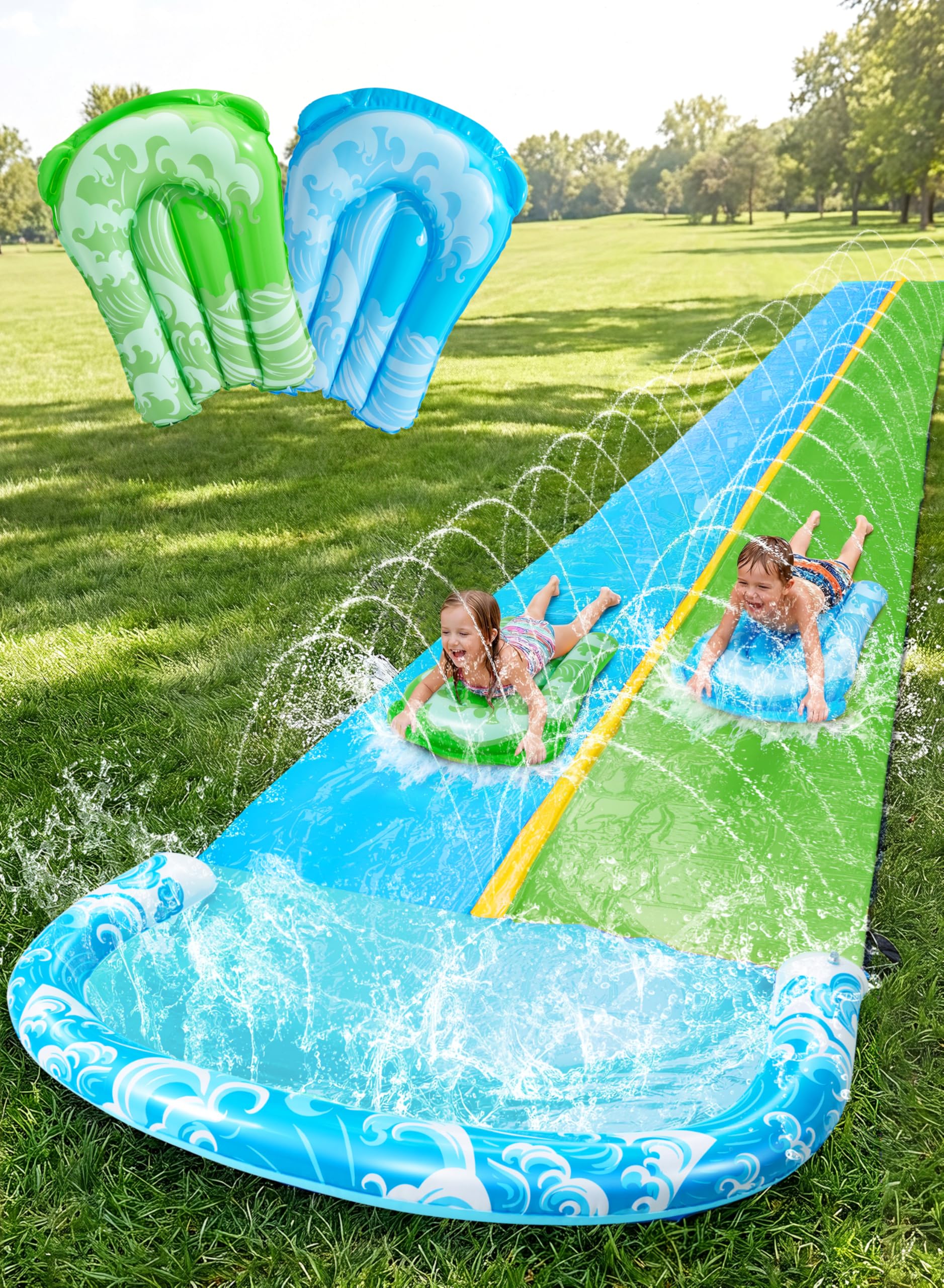 JOYIN 22.5ft/685.8cm Water Slides and 2 Bodyboards, Lawn Water Slide Summer Slip Waterslides Water Toy with Build in Sprinkler for Backyard Outdoor Water Fun for Kids,Blue,Green