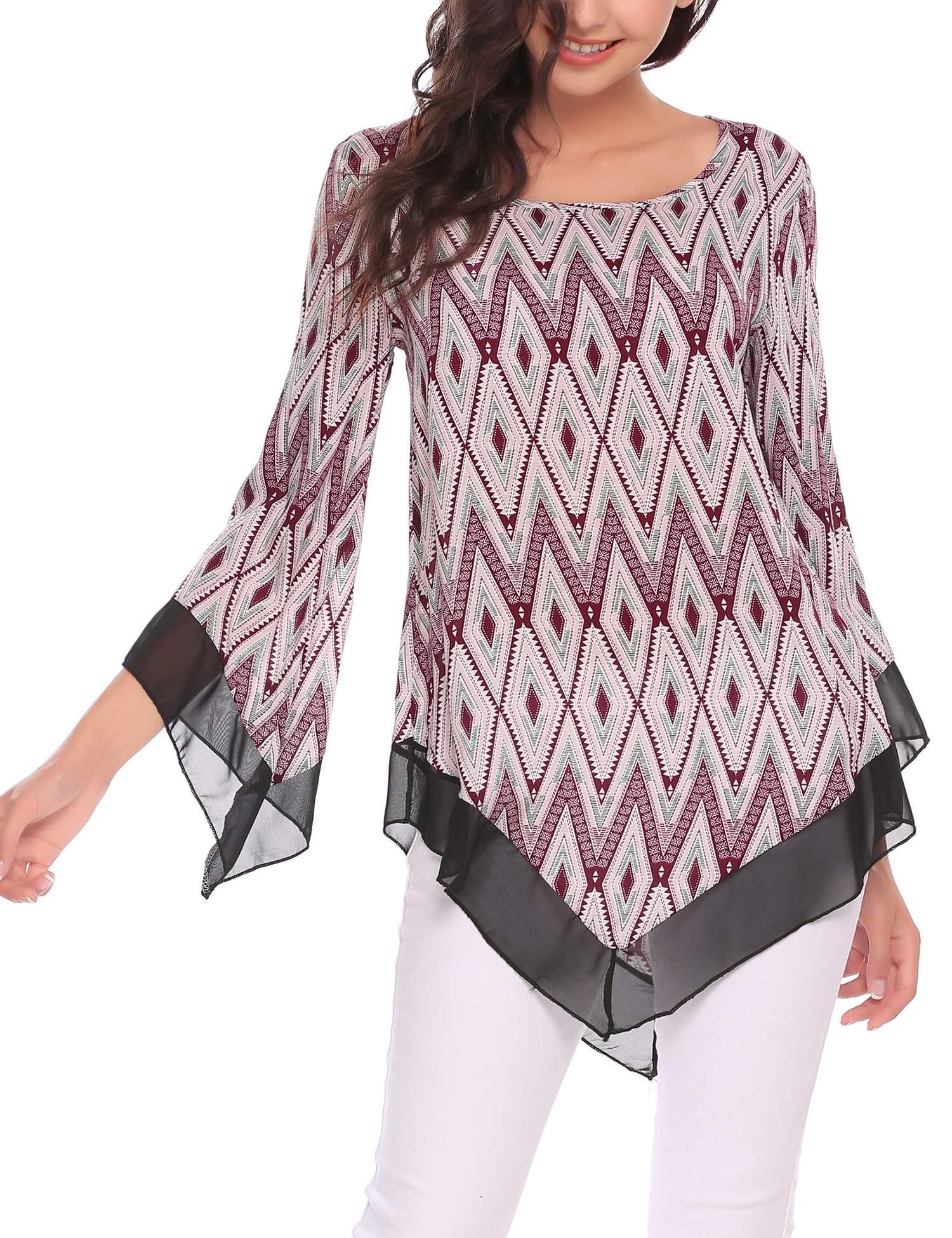 Zeagoo Women\'s Floral Printed Long Bell Sleeve Casual Flare Tunic for Leggings Loose Tops Blouse Wine Red/M