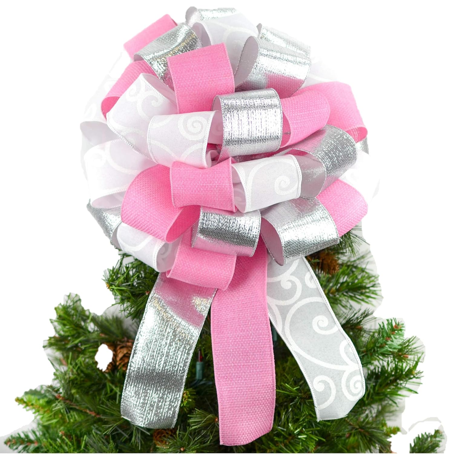 Amazon Com Pink White And Silver Bow Tree Topper Big Present Bow Christmas Tree Bow Gift Box Bow Tb35 Handmade