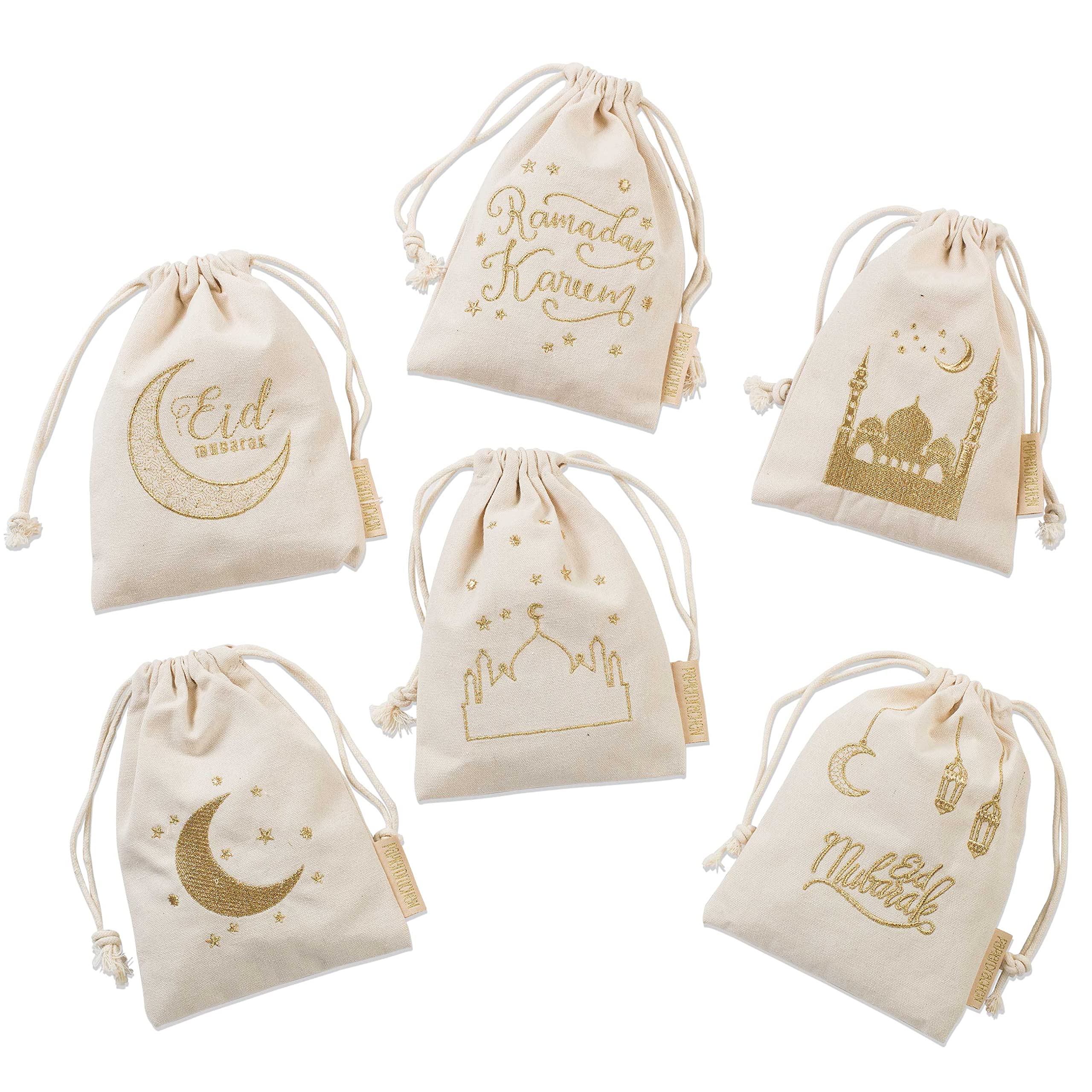 6 small gift bags for Ramadan - cotton - beautifully printed in high quality gold - ideal for wrapping gifts - size 13x8cm with drawstring Set 1