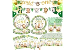 ASLERMURE 146 PCS Wild One Birthday Decorations, Jungle Safari Baby Shower Decorations Tableware Set with Animal Plates Napkins Cutlery Tablecloth Banner for 20 Guests