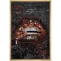 SIGNWIN Framed Canvas Print Wall Art Orange, Black and Gold Hexagon Sparkled Lips People Texture Photography Realism Glam Closeup Colorful for Living Room, Bedroom, Office - 16