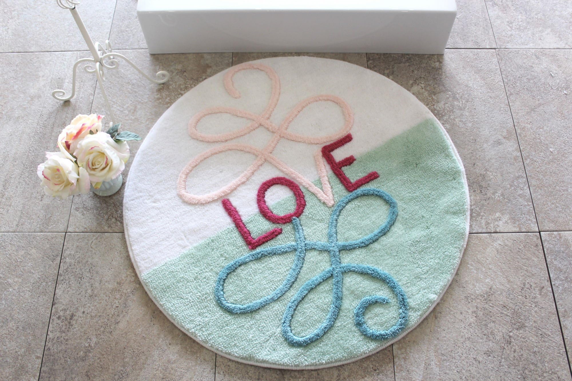 Bath Mat 90cm Round Quality Luxurious Fluffy Shaggy Rug Antibacterial Non Slip Shower Bathroom Living Kids Room Toilet Green Love Flower Natural Ivy Yellow White Embossed 351ALS1010 Mother`s Day