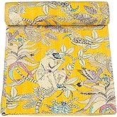 Marubhumi Indian Handmade Traditional Monkey Print Kantha Quilt Indian Cotton Bedding Throw Blanket Bespread Hand Stitched with Love (Yellow, Twin (60"x 90"))