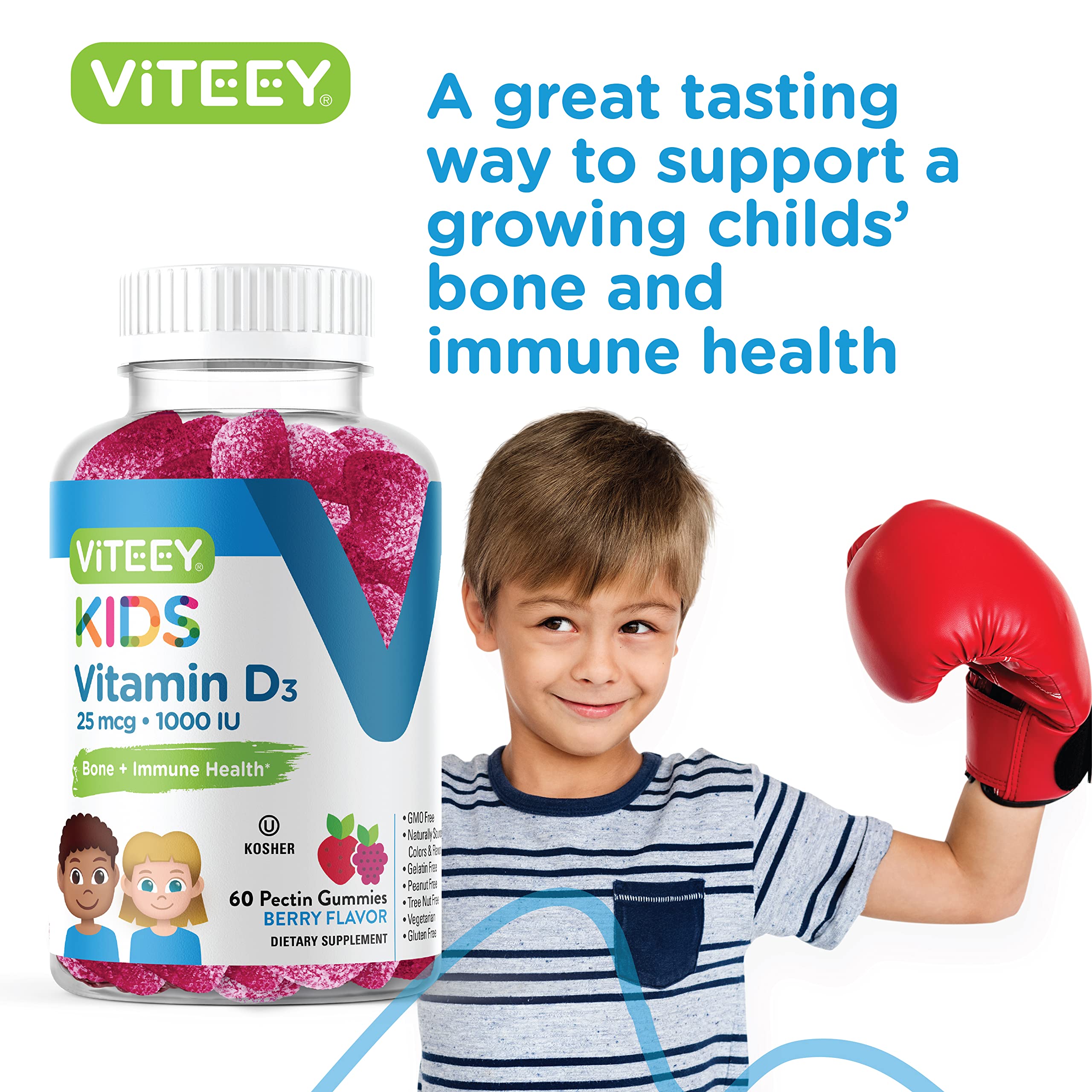 Vitamin D3 Kids Gummies 25mcg 1000 IU - Bone Health, Immune Health, Joint Muscle Support - Vegetarian, Gelatin Free, Gluten Free, GMO Free - Tasty Chewable Berry Flavored Gummy