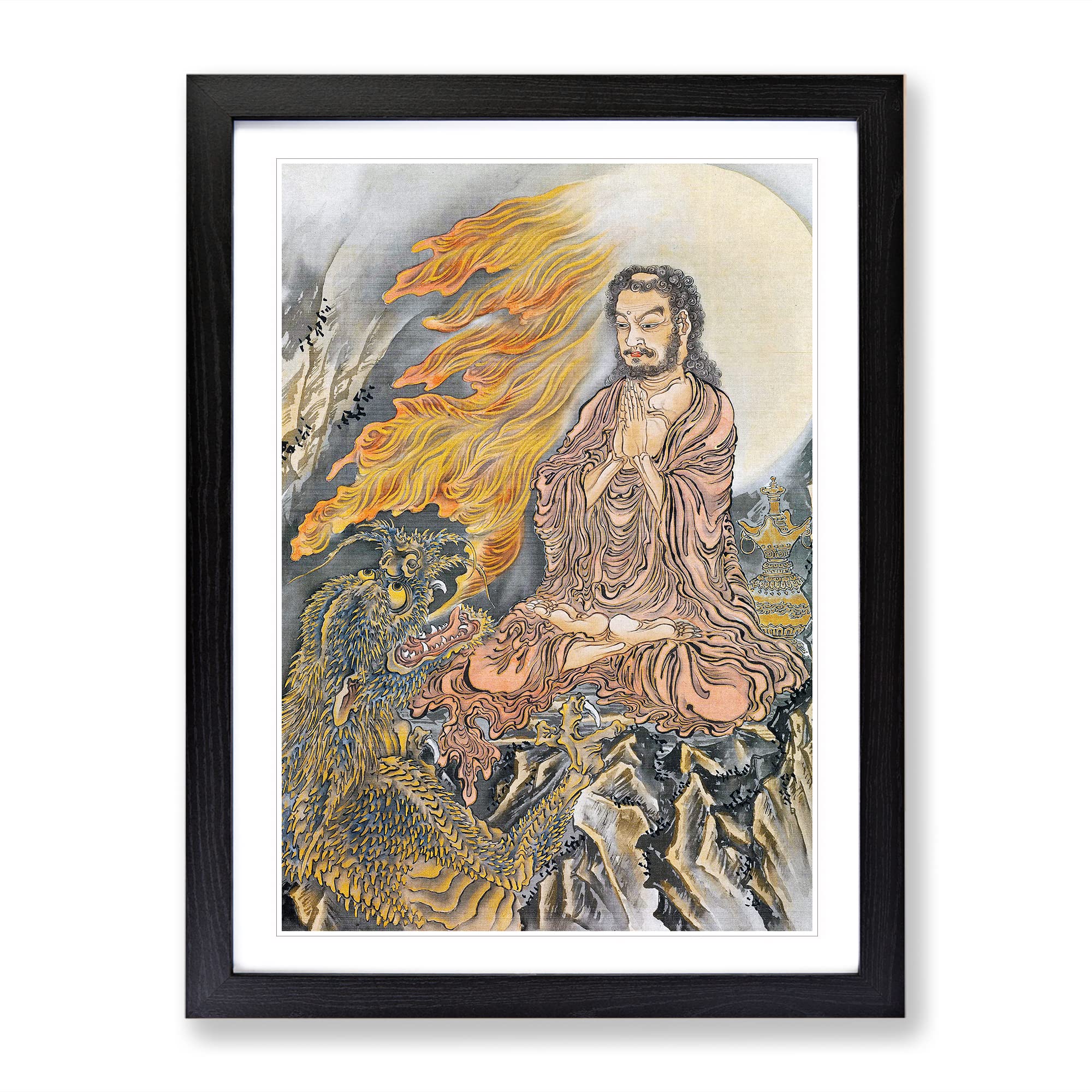 Shakyamuni Conquering The Demons By Kawanabe Kyosai Asian Japanese Framed Wall Art Print, Ready to Hang Picture for Living Room Bedroom Home Office Décor, Black A3 (34 x 46 cm)